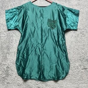 Adonna Nightgown Shirt Women Medium Green Satin Embroidered Short Sleeve USA Vtg